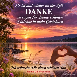 Hände formen am See bei Sonnenuntergang ein Herz unter dem Dank für Gästebucheinträge mit dem großen Wort "DANKE".