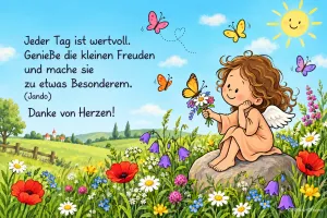 Ein kleiner Engel sitzt mit Blumen auf einem Stein in einer bunten Wiese neben dem Gruß "Danke von Herzen!".