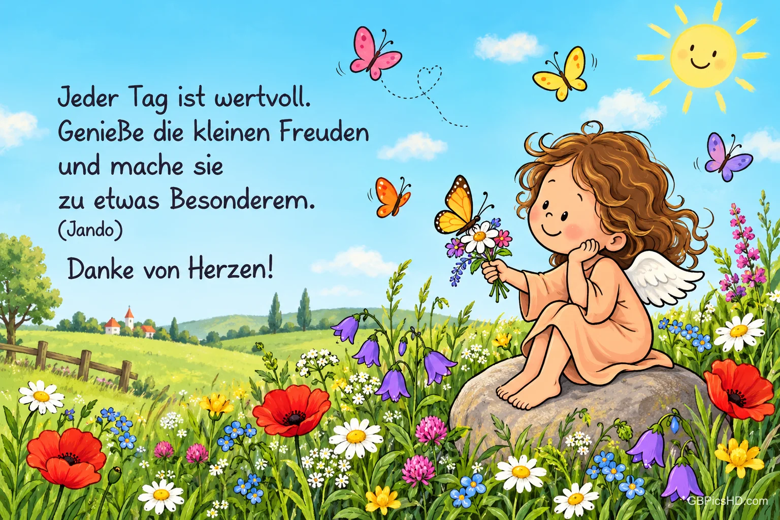 Ein kleiner Engel sitzt mit Blumen auf einem Stein in einer bunten Wiese neben dem Gruß "Danke von Herzen!".