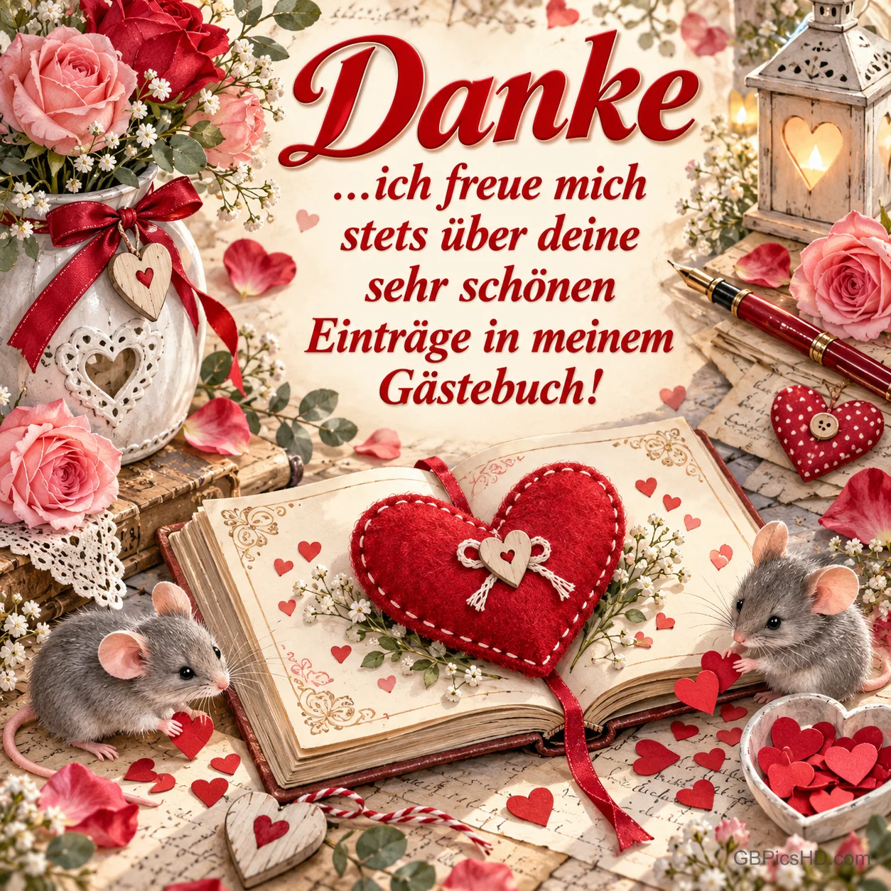 Mäuse am Buch mit Stoffherz und Rosen: "Danke ...ich freue mich stets über deine sehr schönen Einträge in meinem Gästebuch!".
