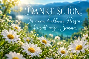 Weiße Margeriten blühen vor einem See und Bergen mit "DANKE SCHÖN In einem dankbaren Herzen herrscht ewiger Sommer".
