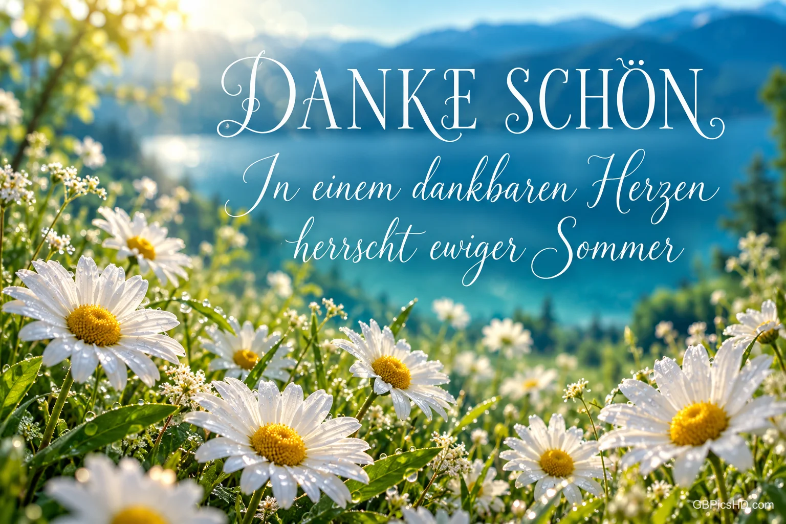 Weiße Margeriten blühen vor einem See und Bergen mit "DANKE SCHÖN In einem dankbaren Herzen herrscht ewiger Sommer".