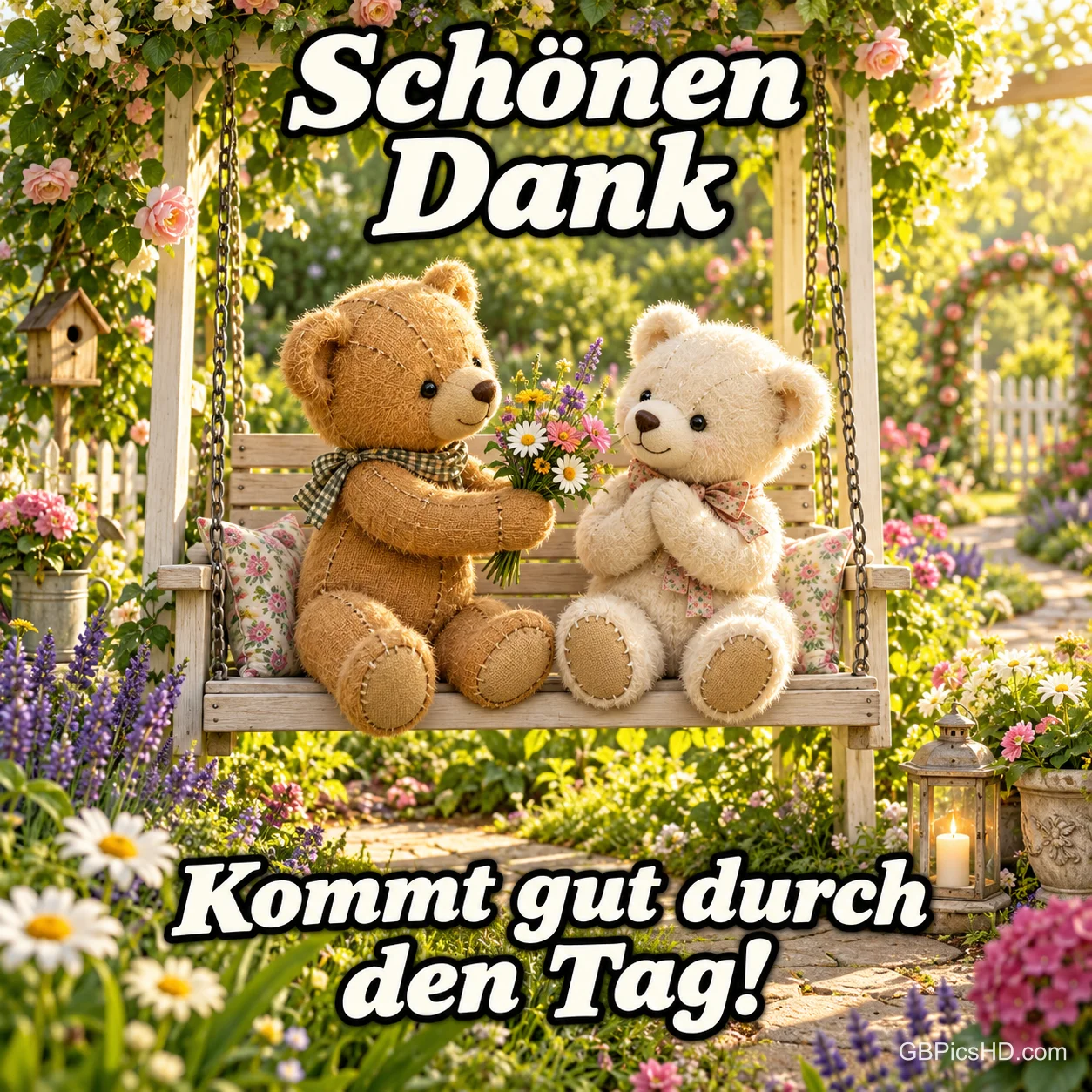 Zwei Teddybären sitzen mit einem Blumenstrauß auf einer Gartenschaukel zwischen "Schönen Dank" und "Kommt gut durch den Tag!".