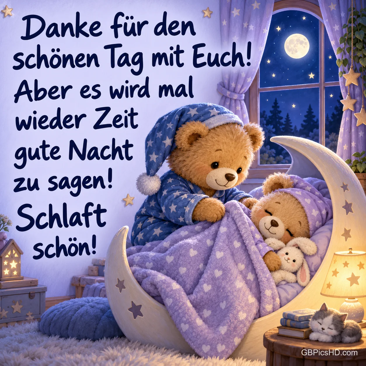 Teddybären am Mondbett mit "Danke für den schönen Tag mit Euch! Aber es wird mal wieder Zeit gute Nacht zu sagen! Schlaft schön!".