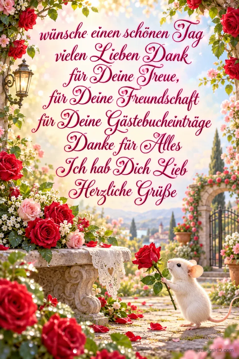 Eine weiße Maus hält eine rote Rose in einem Rosengarten unter einem langen Dankestext mit "Herzliche Grüße".