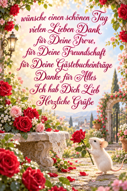 Eine weiße Maus hält eine rote Rose in einem Rosengarten unter einem langen Dankestext mit "Herzliche Grüße".