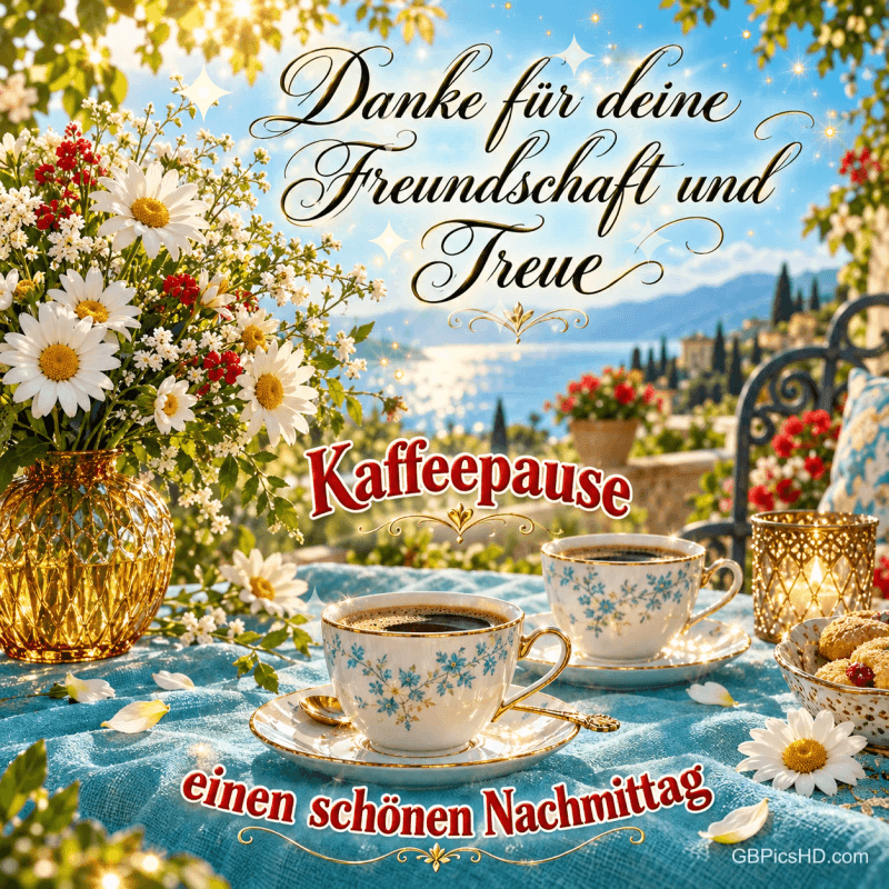 Zwei Kaffeetassen, Gebäck und ein Blumenstrauß am See mit "Danke für deine Freundschaft und Treue".