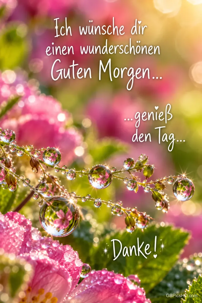 Tautropfen und rosa Blüten mit "Ich wünsche dir einen wunderschönen Guten Morgen... ...genieß den Tag... Danke!".