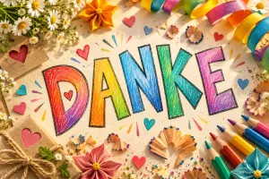 Bunte Buntstiftbuchstaben formen "DANKE", umgeben von Blumen, Papierherzen, Luftschlangen und Stiften.