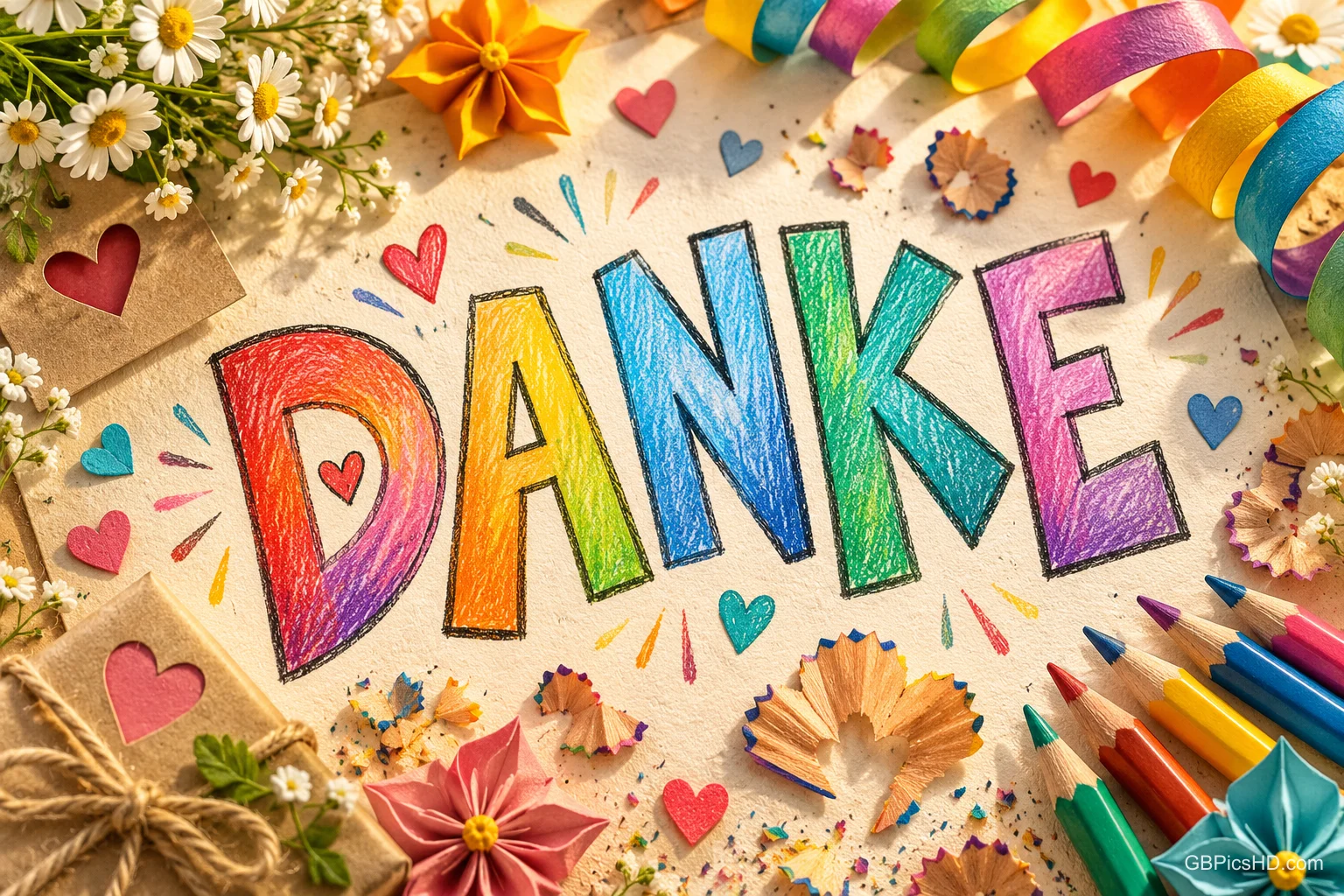 Bunte Buntstiftbuchstaben formen "DANKE", umgeben von Blumen, Papierherzen, Luftschlangen und Stiften.
