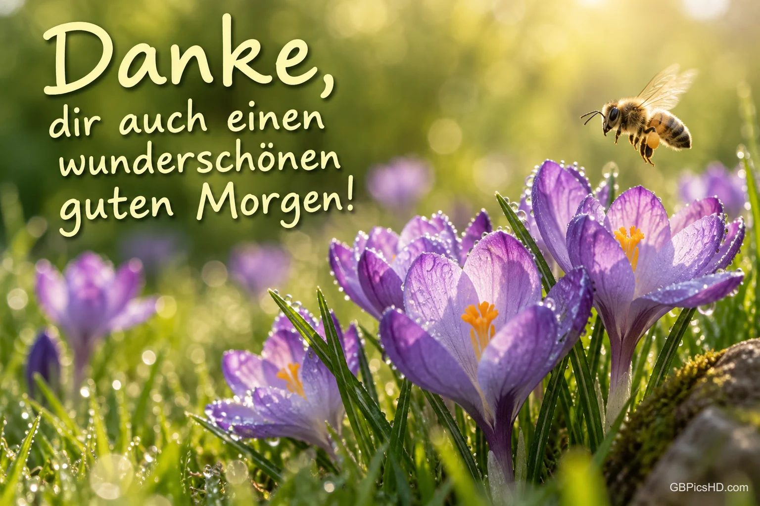 Violette Krokusse mit Tautropfen und eine fliegende Biene mit "Danke, dir auch einen wunderschönen guten Morgen!".