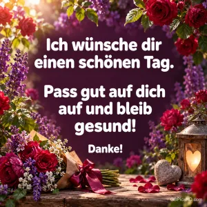 Rosen und eine Laterne umrahmen "Ich wünsche dir einen schönen Tag. Pass gut auf dich auf und bleib gesund! Danke!".