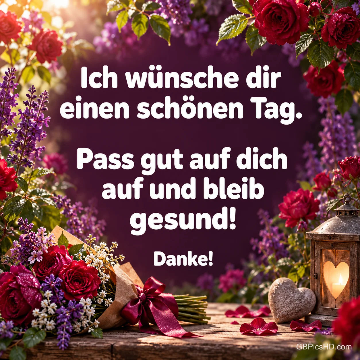 Rosen und eine Laterne umrahmen "Ich wünsche dir einen schönen Tag. Pass gut auf dich auf und bleib gesund! Danke!".