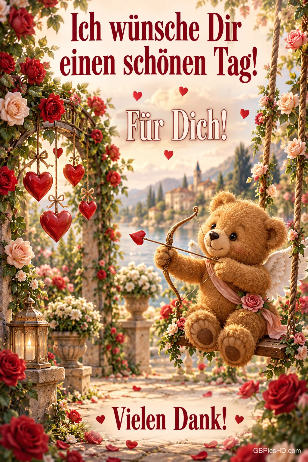 Ein Teddybär mit Bogen sitzt auf einer Schaukel zwischen Rosen: "Ich wünsche Dir einen schönen Tag! Für Dich! Vielen Dank!".