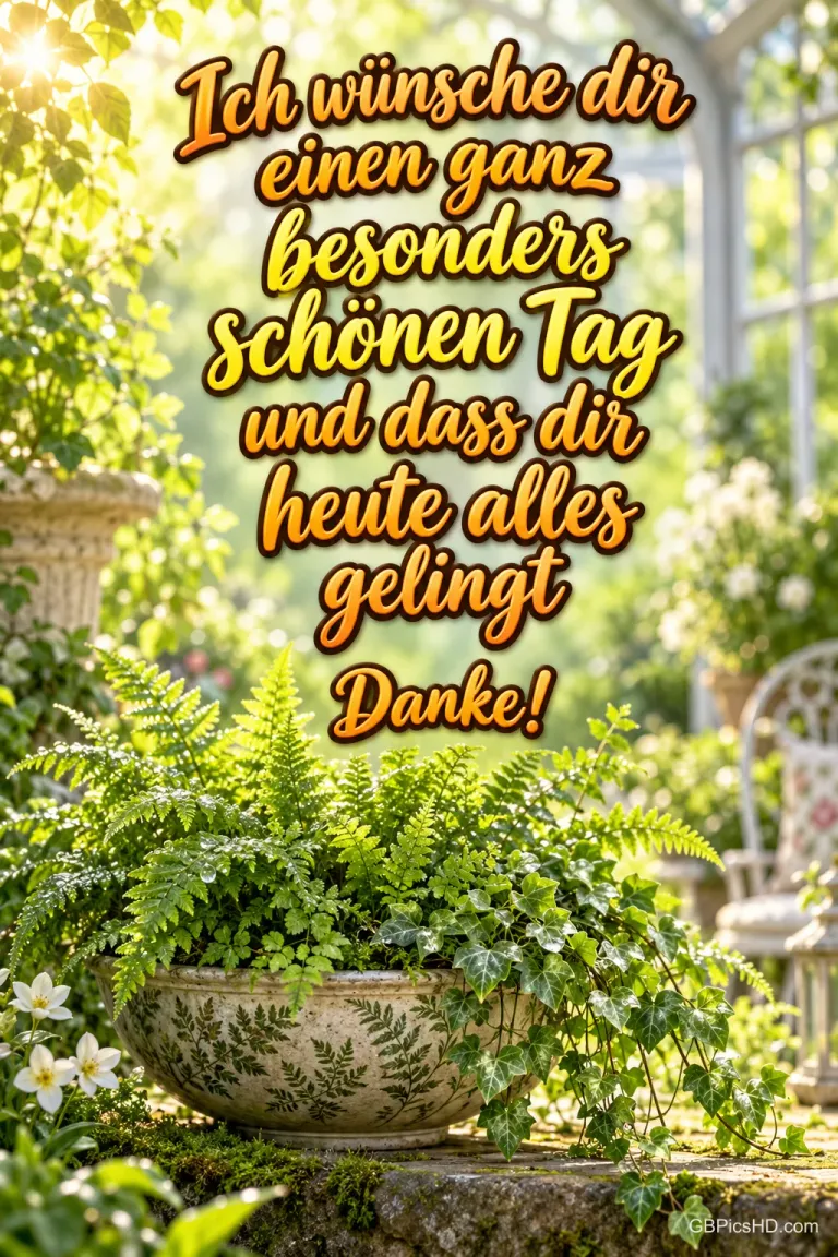 Über Farnen im Sonnenlicht steht "Ich wünsche dir einen ganz besonders schönen Tag und dass dir heute alles gelingt Danke!".
