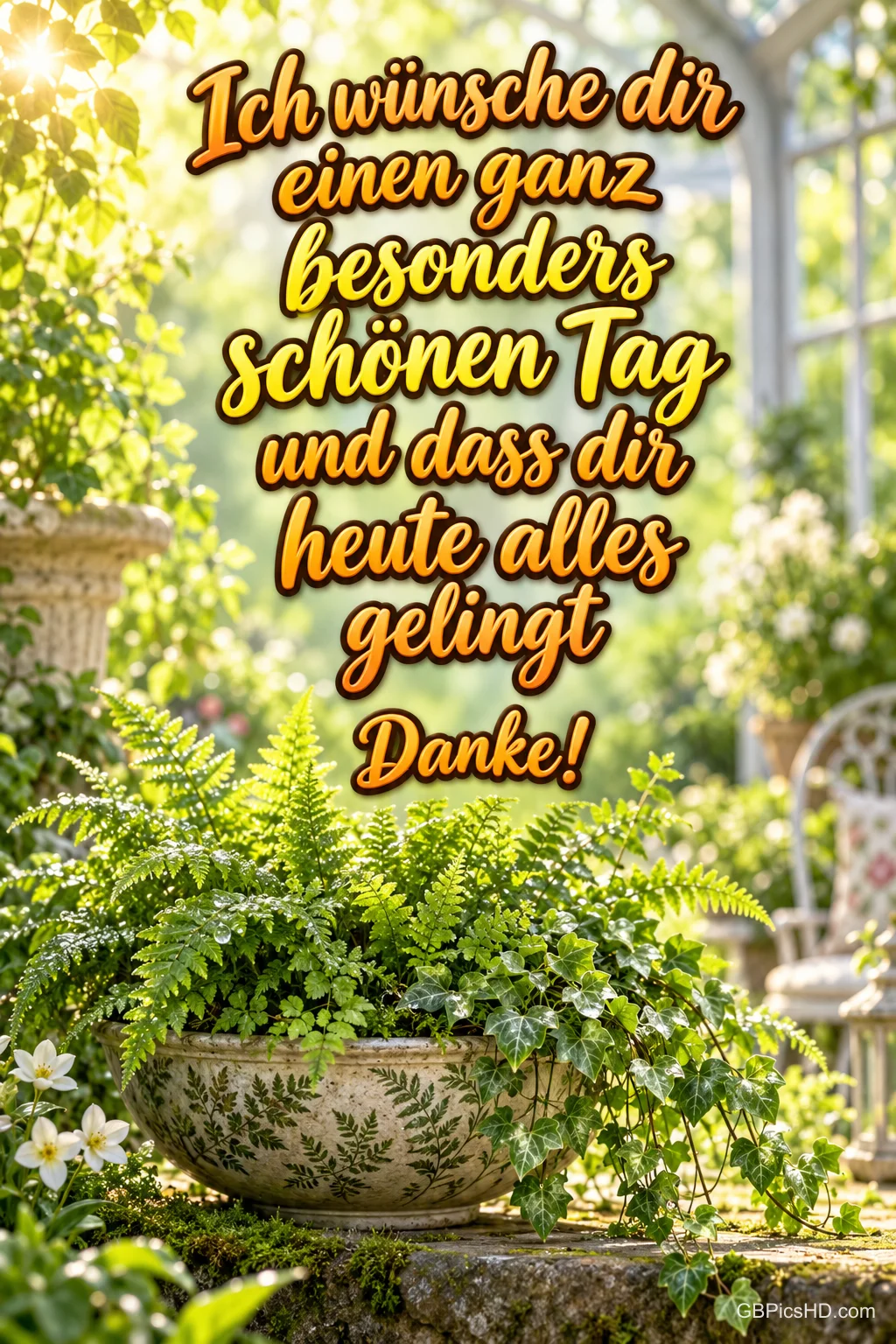 Über Farnen im Sonnenlicht steht "Ich wünsche dir einen ganz besonders schönen Tag und dass dir heute alles gelingt Danke!".