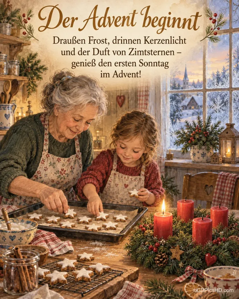 Eine Oma und ein kleines Mädchen legen frisch gebackene Zimtsterne aufs Blech, auf dem Tisch brennt die erste Kerze am Adventskranz, dazu „Der Advent beginnt“.