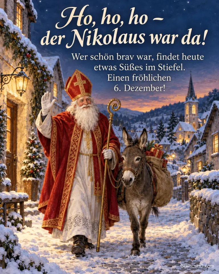 Der Nikolaus mit Mitra und Bischofsstab führt winkend einen Esel mit Gabensack durch eine verschneite Dorfstraße, dazu "Ho, ho, ho – der Nikolaus war da!".
