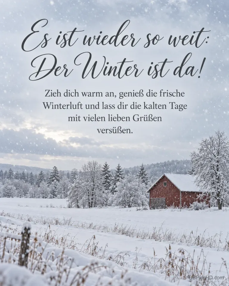 Ein weites Schneefeld mit einer kleinen roten Holzscheune und verschneiten Bäumen bei leichtem Schneefall, dazu "Es ist wieder so weit: Der Winter ist da!".