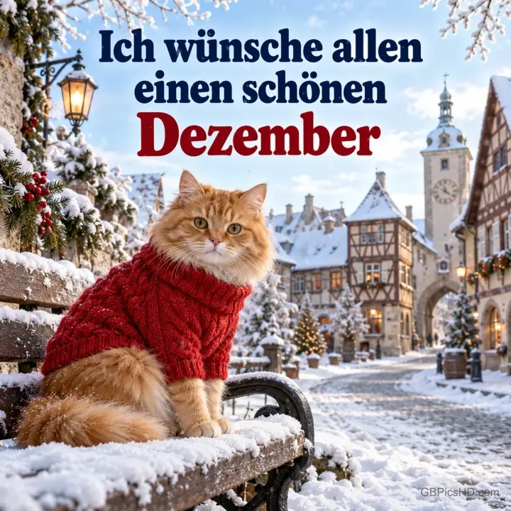Eine rote Katze im roten Strickpullover sitzt auf einer verschneiten Bank in einer weihnachtlichen Altstadt mit Fachwerkhäusern und Laterne, darüber der Dezembergruß. Eine rote Katze im roten Strickpullover sitzt auf einer verschneiten Bank in einer weihnachtlichen Altstadt mit Fachwerkhäusern und Laterne, darüber der Dezembergruß.