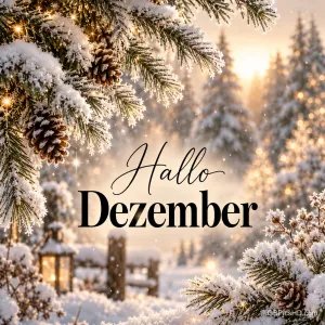 Verschneite Tannenzweige mit Zapfen umrahmen eine glitzernde Winterlandschaft mit Zaun und Laterne im warmen Licht, mittig steht "Hallo Dezember".