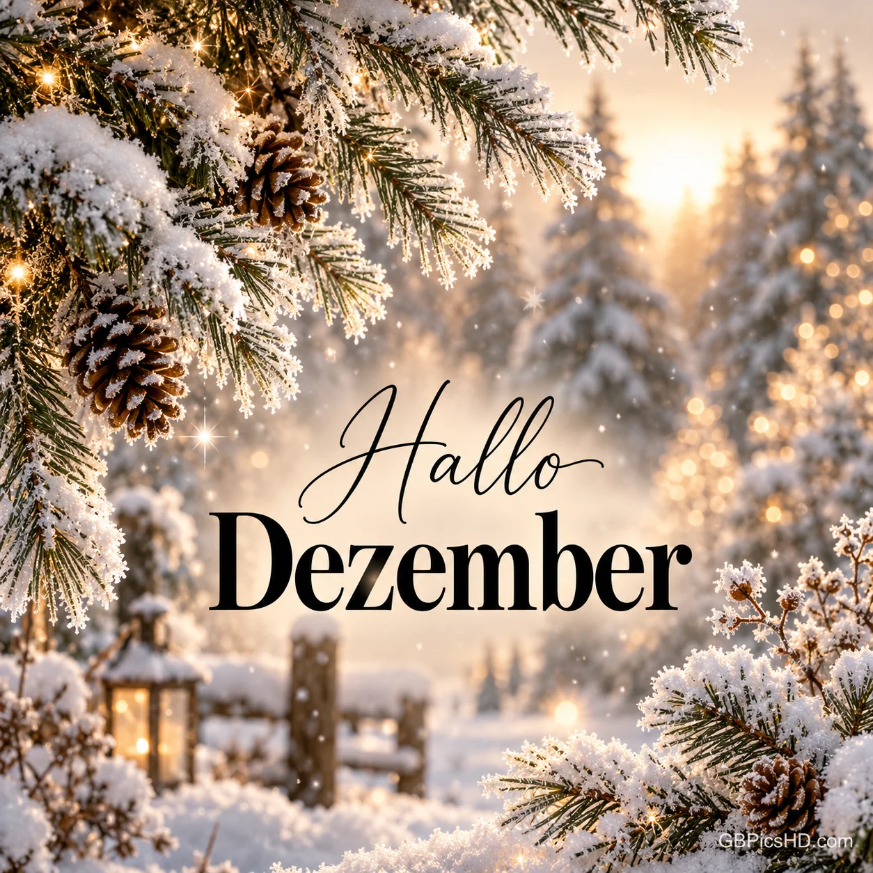 Verschneite Tannenzweige mit Zapfen umrahmen eine glitzernde Winterlandschaft mit Zaun und Laterne im warmen Licht, mittig steht "Hallo Dezember". Verschneite Tannenzweige mit Zapfen umrahmen eine glitzernde Winterlandschaft mit Zaun und Laterne im warmen Licht, mittig steht "Hallo Dezember".