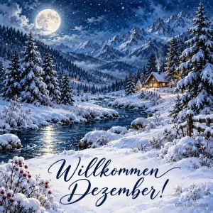 Vollmond über verschneiten Bergen, ein Bach schlängelt sich durch den Tannenwald zu einer beleuchteten Hütte, unten in Schreibschrift "Willkommen Dezember!".