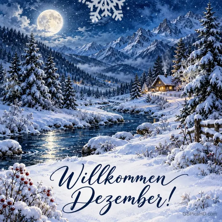 Vollmond über verschneiten Bergen, ein Bach schlängelt sich durch den Tannenwald zu einer beleuchteten Hütte, unten in Schreibschrift "Willkommen Dezember!". Vollmond über verschneiten Bergen, ein Bach schlängelt sich durch den Tannenwald zu einer beleuchteten Hütte, unten in Schreibschrift "Willkommen Dezember!".