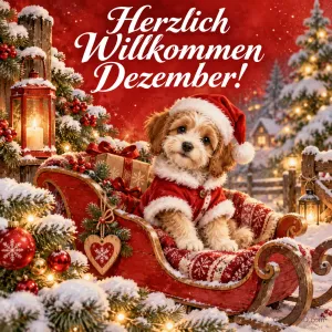 Ein flauschiger Welpe im Weihnachtsmannkostüm sitzt in einem roten Schlitten voller Geschenke, umgeben von Tannen, Laterne und Lichtern, darüber "Herzlich Willkommen Dezember!".