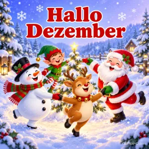 Schneemann, Elf, Rentier und Weihnachtsmann tanzen fröhlich im Kreis um einen geschmückten Tannenbaum im verschneiten Dorf, darüber in Rot "Hallo Dezember".