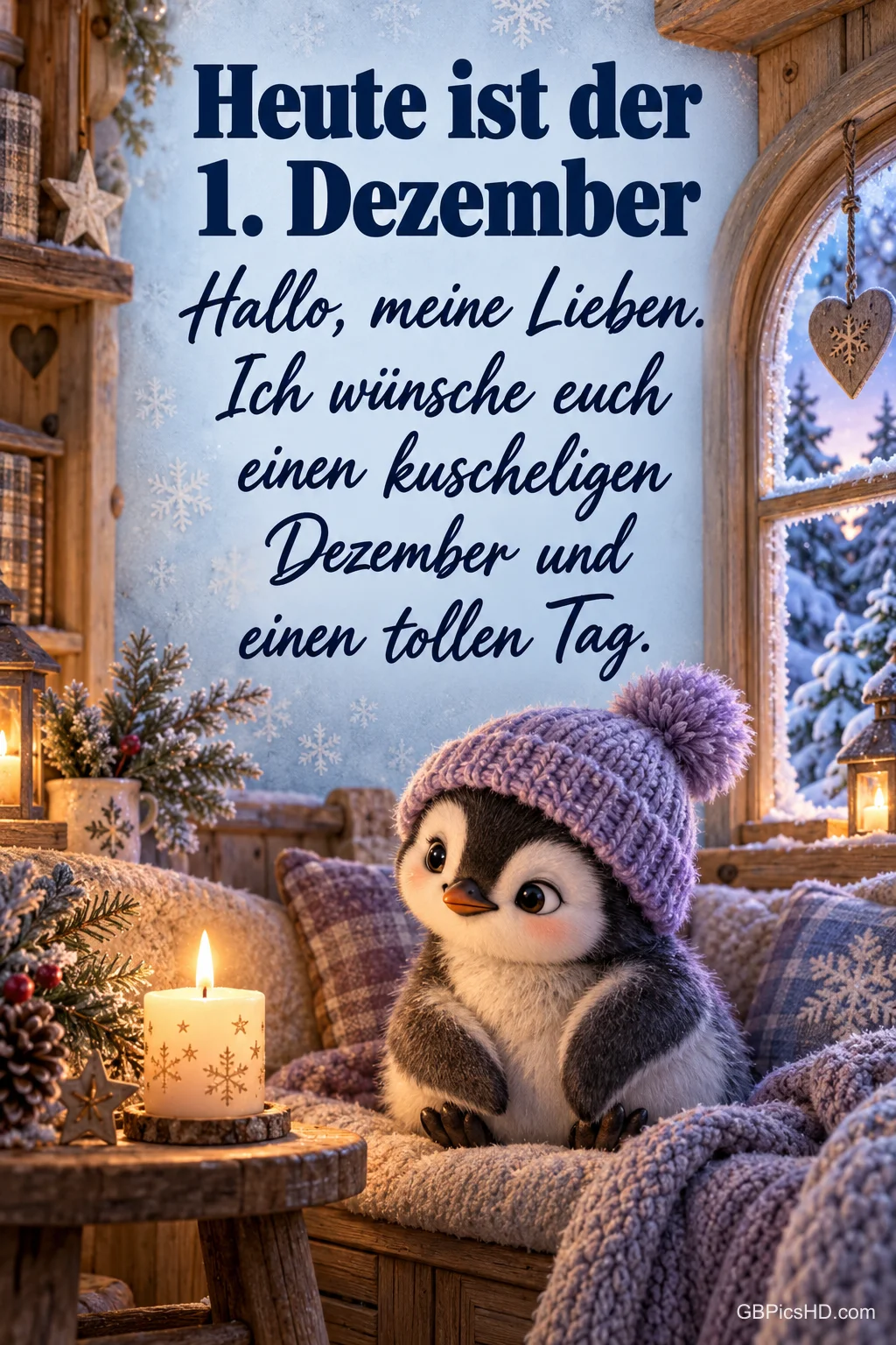 Ein niedlicher Pinguin mit lila Strickmütze sitzt auf einer Decke am Fenster neben einer Kerze, draußen Schnee, dazu ein Gruß zum 1. Dezember Ein niedlicher Pinguin mit lila Strickmütze sitzt auf einer Decke am Fenster neben einer Kerze, draußen Schnee, dazu ein Gruß zum 1. Dezember