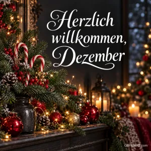 Geschmückter Kaminsims mit Tannenzweigen, roten und goldenen Kugeln, Zuckerstangen, Laterne und Kerzen, darüber der Schriftzug "Herzlich willkommen, Dezember" in eleganter Schrift