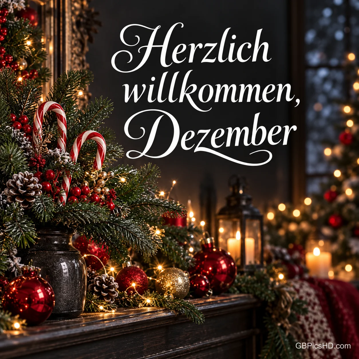 Geschmückter Kaminsims mit Tannenzweigen, roten und goldenen Kugeln, Zuckerstangen, Laterne und Kerzen, darüber der Schriftzug "Herzlich willkommen, Dezember" in eleganter Schrift Geschmückter Kaminsims mit Tannenzweigen, roten und goldenen Kugeln, Zuckerstangen, Laterne und Kerzen, darüber der Schriftzug "Herzlich willkommen, Dezember" in eleganter Schrift