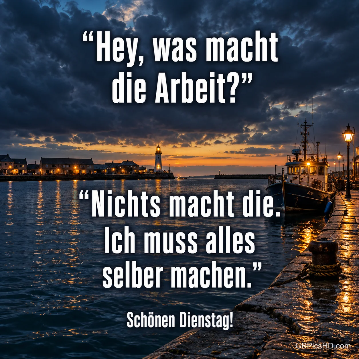 Über einem Hafen mit Boot, Leuchtturm und dunklen Wolken stehen "Hey, was macht die Arbeit?" und "Schönen Dienstag!".