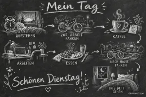 Kreidezeichnungen auf einer Tafel zeigen Bett, Fahrrad, Kaffee, Schreibtisch und Essen mit dem Gruß "Schönen Dienstag!".