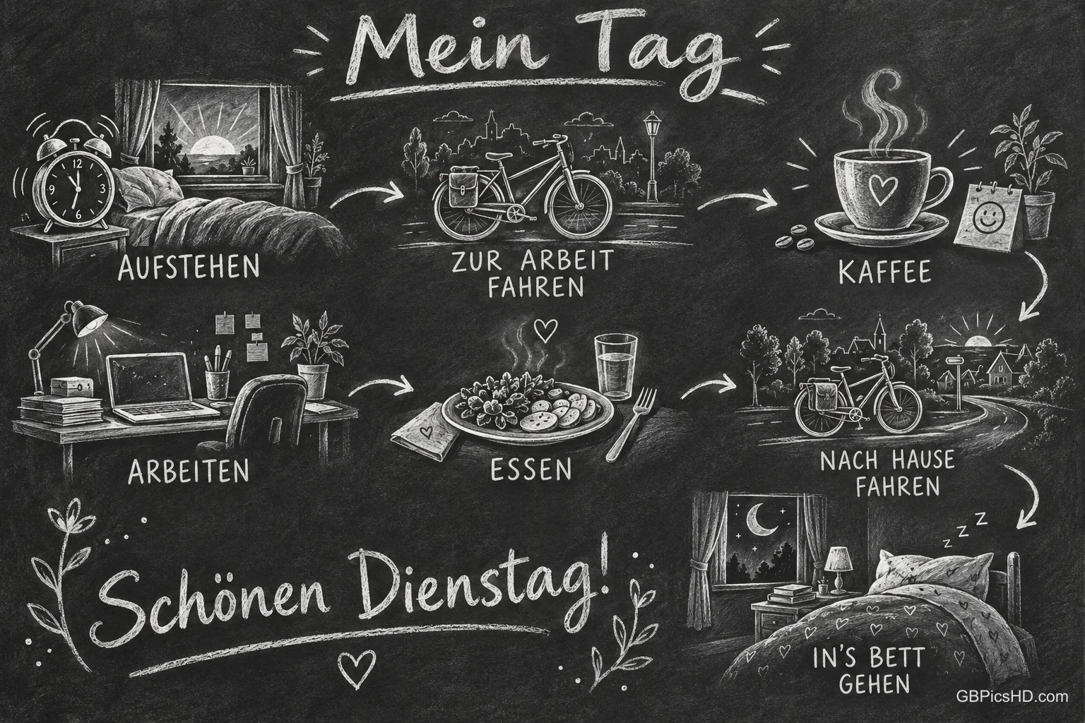 Kreidezeichnungen auf einer Tafel zeigen Bett, Fahrrad, Kaffee, Schreibtisch und Essen mit dem Gruß "Schönen Dienstag!". Kreidezeichnungen auf einer Tafel zeigen Bett, Fahrrad, Kaffee, Schreibtisch und Essen mit dem Gruß "Schönen Dienstag!".