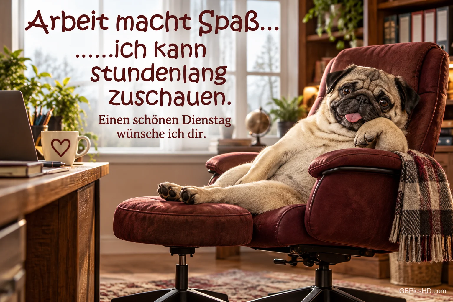 Ein Mops liegt entspannt in einem roten Bürosessel neben einem Schreibtisch unter dem Spruch "Arbeit macht Spaß...".