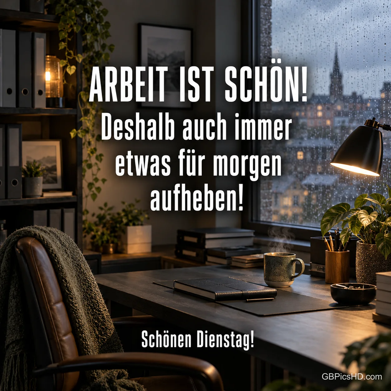 Ein Schreibtisch mit dampfender Tasse, Lampe und Büchern vor einem regennassen Fenster mit dem Gruß "Schönen Dienstag!".