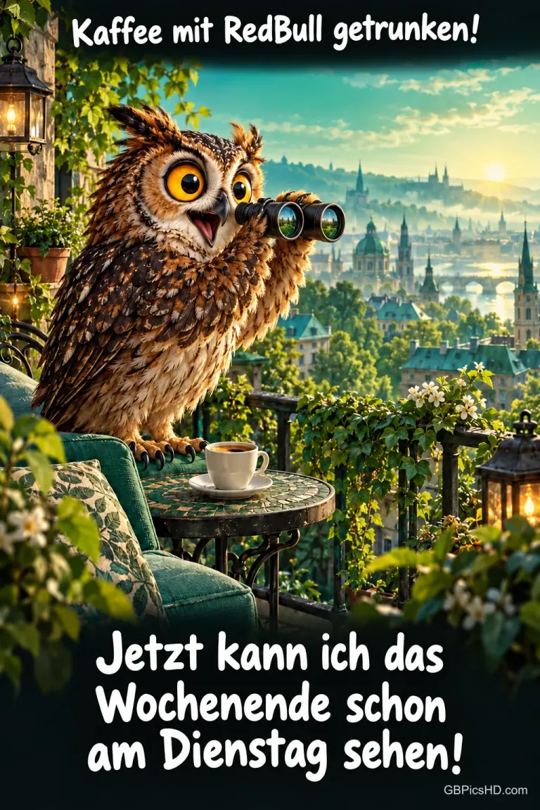 Eine Eule mit Fernglas sitzt neben einer Kaffeetasse auf einer begrünten Terrasse; darüber steht "Kaffee mit RedBull getrunken!".