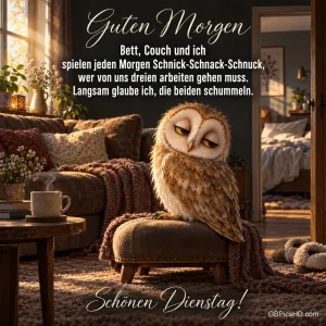 Eine schläfrige Eule sitzt auf einem gepolsterten Hocker neben Sofa und dampfender Tasse; unten steht "Schönen Dienstag!".