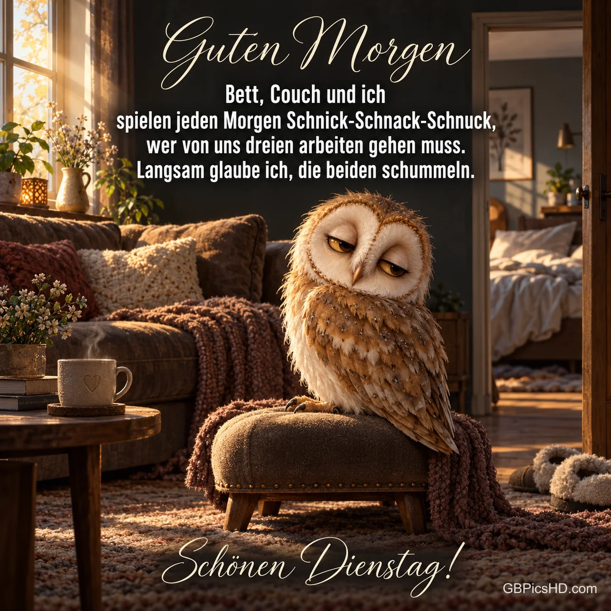 Eine schläfrige Eule sitzt auf einem gepolsterten Hocker neben Sofa und dampfender Tasse; unten steht "Schönen Dienstag!". Eine schläfrige Eule sitzt auf einem gepolsterten Hocker neben Sofa und dampfender Tasse; unten steht "Schönen Dienstag!".