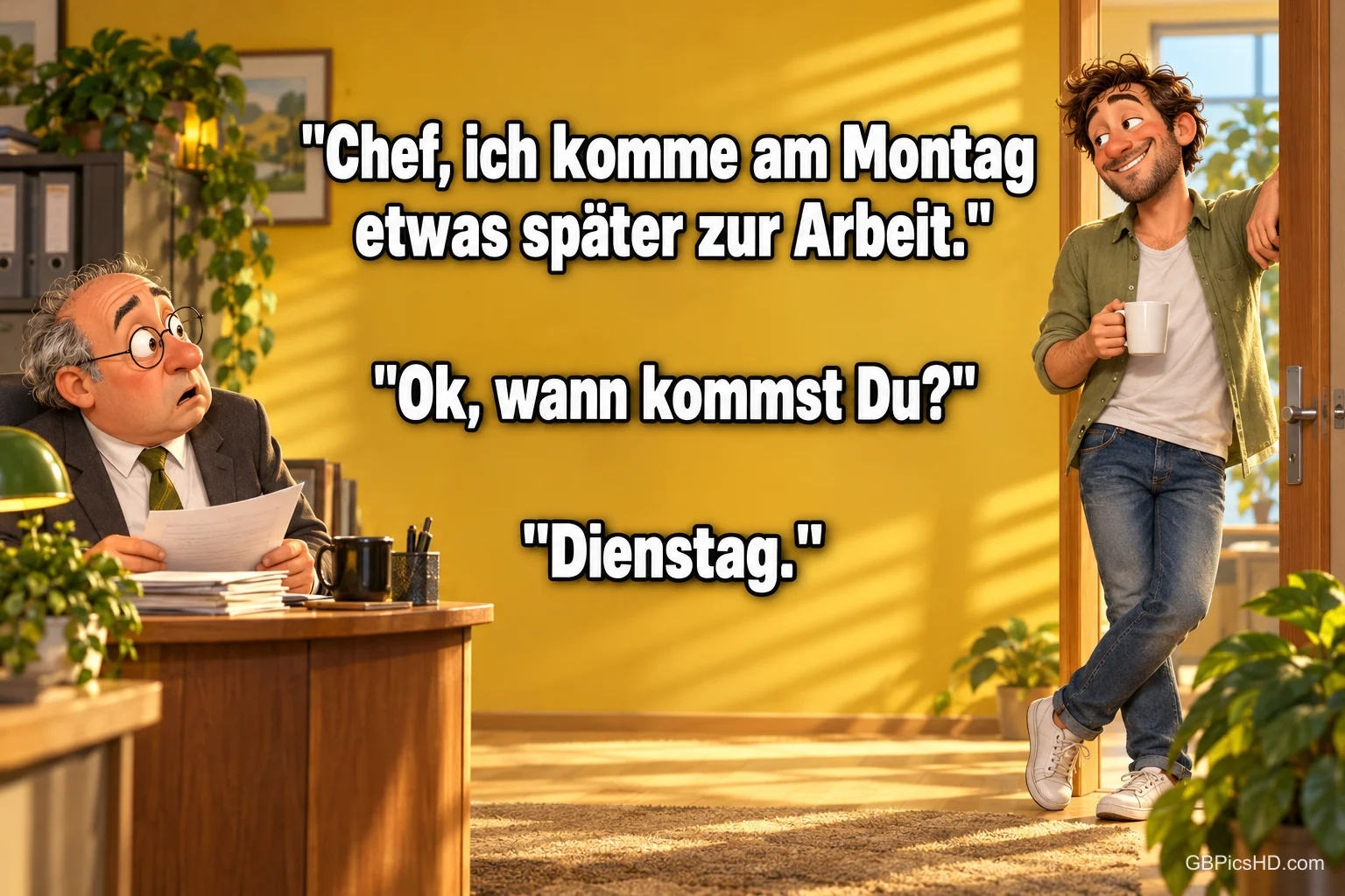 Ein älterer Mann sitzt mit Papieren am Schreibtisch, ein jüngerer steht mit einer Tasse in der Tür; die Antwort lautet "Dienstag.". Ein älterer Mann sitzt mit Papieren am Schreibtisch, ein jüngerer steht mit einer Tasse in der Tür; die Antwort lautet "Dienstag.".