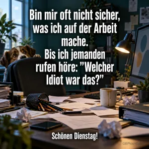 Ein Hund schaut hinter einem Bürostuhl hervor; auf dem Schreibtisch liegen Papiere und umgekippte Stifte. "Schönen Dienstag!".