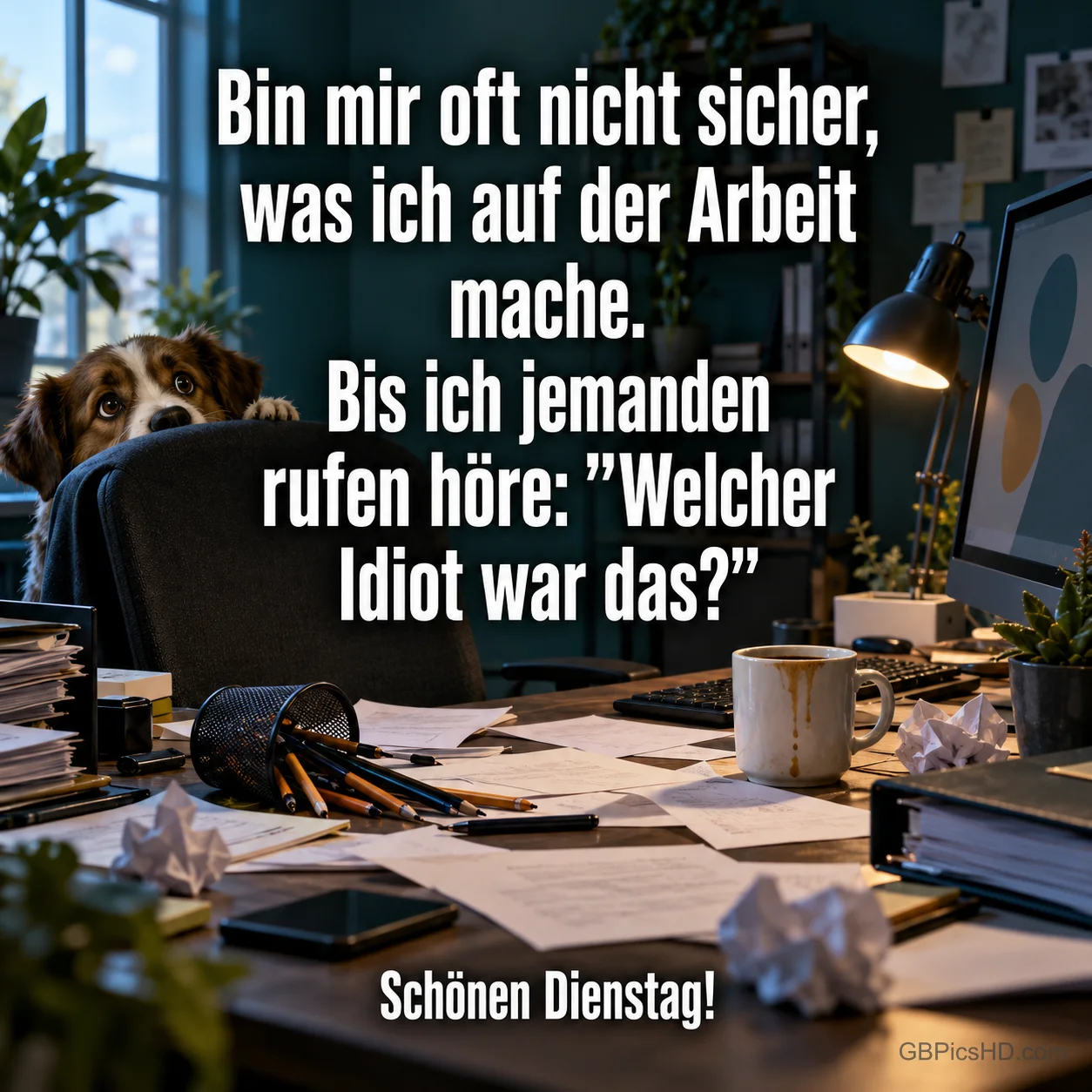 Ein Hund schaut hinter einem Bürostuhl hervor; auf dem Schreibtisch liegen Papiere und umgekippte Stifte. "Schönen Dienstag!".