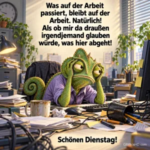 Ein Chamäleon im lila Hemd stützt den Kopf in die Hände hinter einem chaotischen Schreibtisch mit dem Gruß "Schönen Dienstag!".