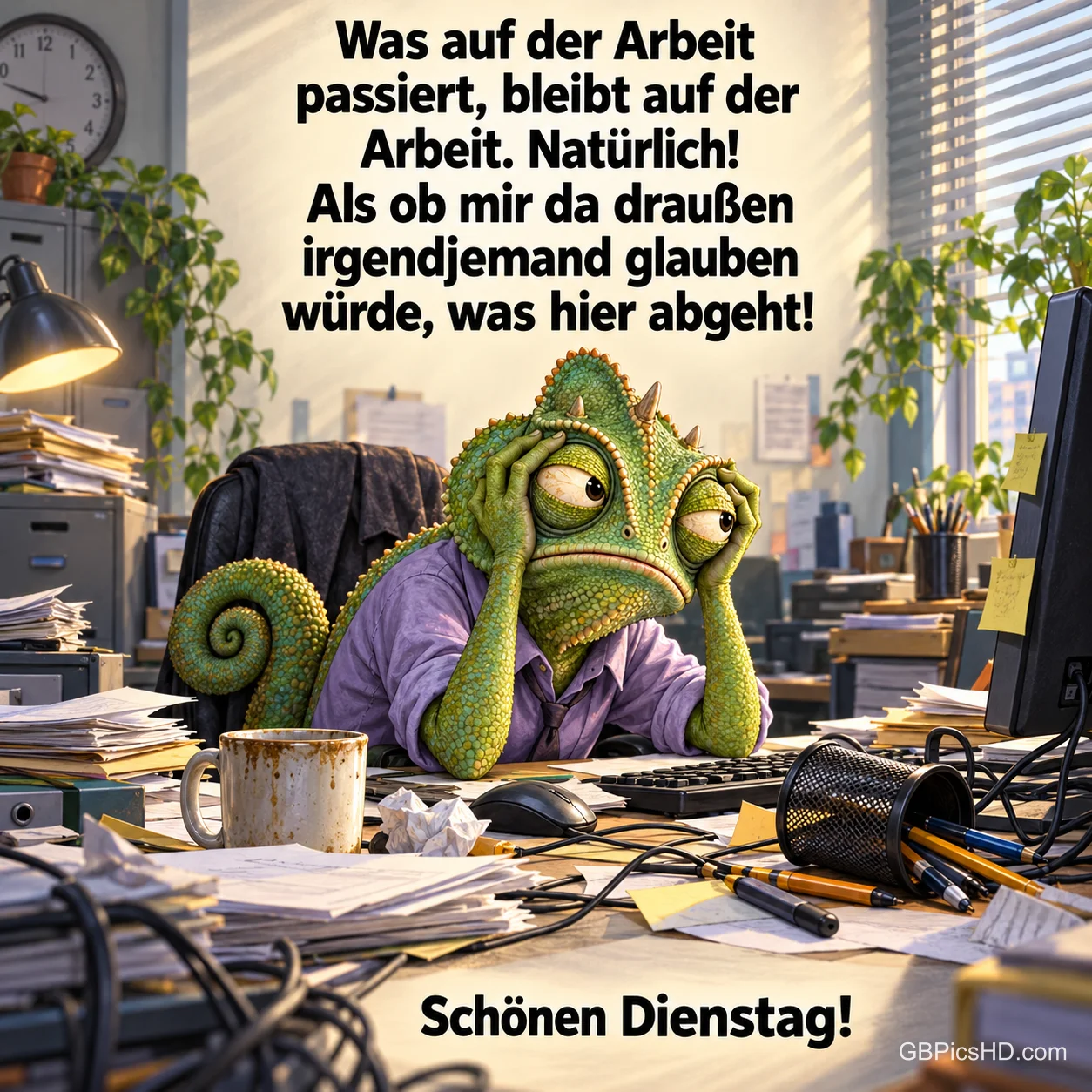 Ein Chamäleon im lila Hemd stützt den Kopf in die Hände hinter einem chaotischen Schreibtisch mit dem Gruß "Schönen Dienstag!".