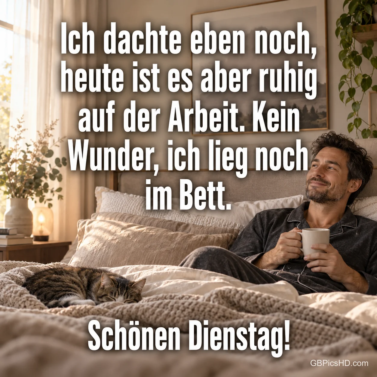 Ein Mann sitzt mit einer Tasse im Bett, während eine Katze neben ihm auf der Decke schläft; unten steht "Schönen Dienstag!".