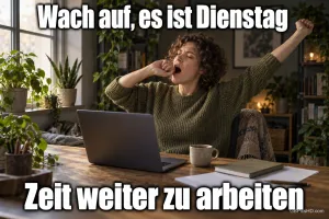 Eine Frau gähnt und streckt sich vor einem Laptop am Holztisch zwischen Zimmerpflanzen; darüber steht "Wach auf, es ist Dienstag".