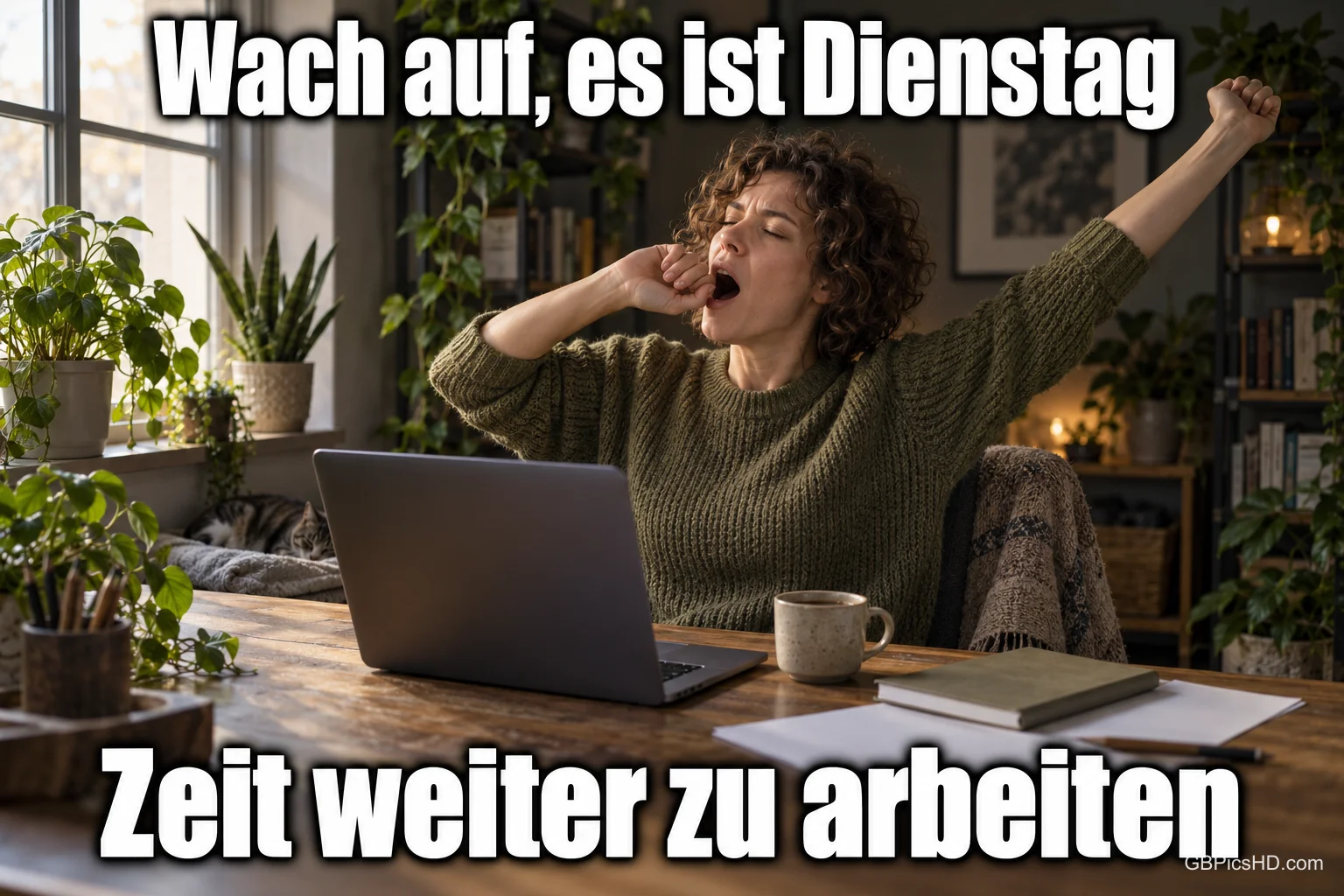 Eine Frau gähnt und streckt sich vor einem Laptop am Holztisch zwischen Zimmerpflanzen; darüber steht "Wach auf, es ist Dienstag".