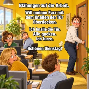 Ein Mann steht an der Bürotür, während seine Kollegen zu ihm schauen, mit dem Gruß "Schönen Dienstag!".